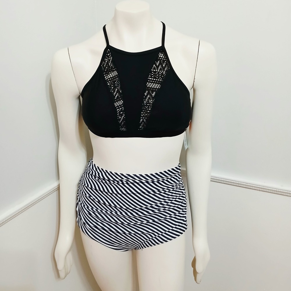 Womens‎ High Neck Mesh Bikini Set Black White Striped High Waist Medium NWT